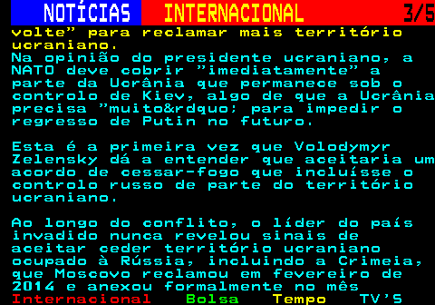 220.3. NOTÍCIAS. INTERNACIONAL. 3 4. civis em toda a Ucrânia desde o início da invasão do país, em fevereiro de. 2022, e intensificou os ataques à medida que o inverno se aproxima, visando em particular infraestruturas energéticas. O Ministério da Defesa russo afirmou ter destruído 25 drones ucranianos durante a noite sobre a região de Bryansk, perto da Bielorrússia, da Crimeia e da região de Rostov (sul). Na frente de batalha, Moscovo está a obter ganhos territoriais contra um exército ucraniano enfraquecido, a menos de dois meses da tomada de posse do próximo presidente dos EUA, Donald Trump.