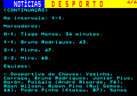 249.4. NOTÍCIAS. D E S P O R T O. 4 6. (CONTINUAÇÃO) Ao intervalo: 1-1. Marcadores: 0-1, Tiago Manso, 34 minutos. 1-1, Bruno Rodrigues, 43. 2-1, Pinho, 47. 2-2, Miro, 65. Equipas: - Desportivo de Chaves: Vozinha, Carraça, Bruno Rodrigues, Júnior Pius, Aarón, Pelágio (André Ricardo, 76), Roan Wilson, Rúben Pina (Rui Gomes, 66), Pedro Pinho (Ktatau, 87), Sanca.