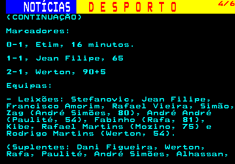 256.4. NOTÍCIAS. D E S P O R T O. 4 6. (CONTINUAÇÃO) Marcadores: 0-1, Etim, 16 minutos. 1-1, Jean Filipe, 65 2-1, Werton, 90+5 Equipas: - Leixões: Stefanovic, Jean Filipe, Francisco Amorim, Rafael Vieira, Simão, Zag (André Simões, 80), André André (Paulité, 54), Fabinho (Rafa, 81), Kibe, Rafael Martins (Mozino, 75) e Rodrigo Martins (Werton, 54). (Suplentes: Dani Figueira, Werton, Rafa, Paulité, André Simões, Alhassan,.