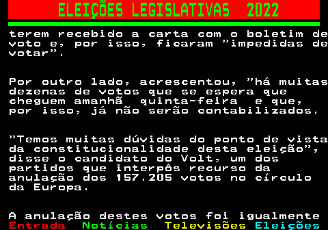 264.2. ELEIÇÕES LEGISLATIVAS 2022. terem recebido a carta com o boletim de voto e, por isso, ficaram impedidas de votar . Por outro lado, acrescentou, há muitas dezenas de votos que se espera que cheguem amanhã quinta-feira e que, por isso, já não serão contabilizados. Temos muitas dúvidas do ponto de vista da constitucionalidade desta eleição , disse o candidato do Volt, um dos partidos que interpôs recurso da anulação dos 157.205 votos no círculo da Europa. A anulação destes votos foi igualmente.