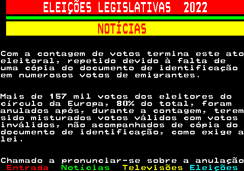 265.4. ELEIÇÕES LEGISLATIVAS 2022. NOTÍCIAS.Com a contagem de votos termina este atoeleitoral, repetido devido à falta deuma cópia do documento de identificaçãoem numerosos votos de emigrantes.Mais de 157 mil votos dos eleitores docírculo da Europa, 80% do total, foramanulados após, durante a contagem, teremsido misturados votos válidos com votosinválidos, não acompanhados de cópia dodocumento de identificação, como exige alei.Chamado a pronunciar-se sobre a anulação.