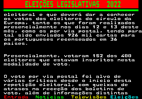 266.2. ELEIÇÕES LEGISLATIVAS 2022. eleitoral e que deverá dar a conhecer os votos dos eleitores do círculo da Europa, tanto os que foram realizados presencialmente nos dias 12 e 13 deste mês, como os por via postal, tendo para tal sido enviados 926 mil cartas para os portugueses recenseados em 36 países. Presencialmente, votaram 152 dos 400 eleitores que estavam inscritos nesta modalidade de voto. O voto por via postal foi alvo de várias críticas desde o início desta repetição eleitoral, com queixas de atrasos na receção dos boletins de voto, além de informações distintas.