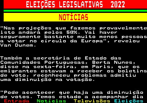 266.4. ELEIÇÕES LEGISLATIVAS 2022. NOTÍCIAS. Nas projeções que fazemos provavelmenteisto andará pelos 50%. Vai haverseguramente bastante muito menos pessoasa votar no círculo da Europa , revelouVan Dunem.Também a secretária de Estado dasComunidades Portuguesas, Berta Nunes,disse na sexta-feira, em Paris, que osemigrantes estavam a receber os boletinsde voto, reconheceu problemas admitiuuma diminuição na votação. Pode acontecer que haja uma diminuiçãode votos. Temos estado a acompanhar dia.