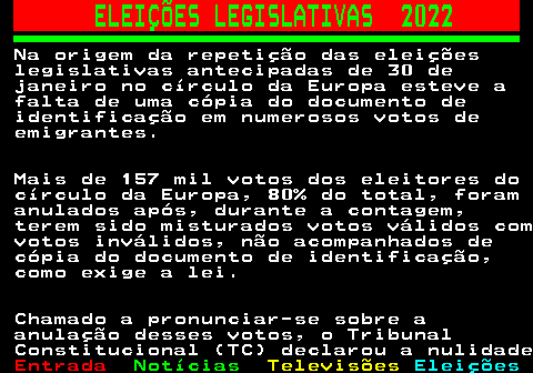 266.6. ELEIÇÕES LEGISLATIVAS 2022. Na origem da repetição das eleições legislativas antecipadas de 30 de janeiro no círculo da Europa esteve a falta de uma cópia do documento de identificação em numerosos votos de emigrantes. Mais de 157 mil votos dos eleitores do círculo da Europa, 80% do total, foram anulados após, durante a contagem, terem sido misturados votos válidos com votos inválidos, não acompanhados de cópia do documento de identificação, como exige a lei. Chamado a pronunciar-se sobre a anulação desses votos, o Tribunal Constitucional (TC) declarou a nulidade.