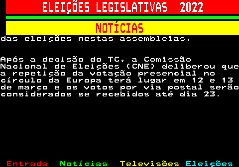 266.7. ELEIÇÕES LEGISLATIVAS 2022. NOTÍCIAS.das eleições nestas assembleias.Após a decisão do TC, a ComissãoNacional de Eleições (CNE) deliberou quea repetição da votação presencial nocírculo da Europa terá lugar em 12 e 13de março e os votos por via postal serãoconsiderados se recebidos até dia 23.