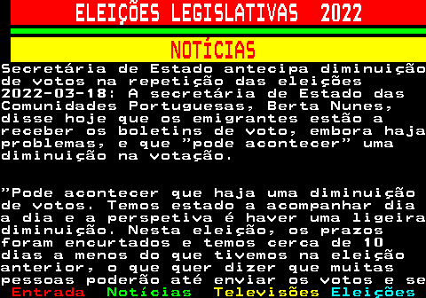 267.1. ELEIÇÕES LEGISLATIVAS 2022. NOTÍCIAS.Secretária de Estado antecipa diminuiçãode votos na repetição das eleições2022-03-18: A secretária de Estado dasComunidades Portuguesas, Berta Nunes,disse hoje que os emigrantes estão areceber os boletins de voto, embora hajaproblemas, e que pode acontecer umadiminuição na votação. Pode acontecer que haja uma diminuiçãode votos. Temos estado a acompanhar diaa dia e a perspetiva é haver uma ligeiradiminuição. Nesta eleição, os prazosforam encurtados e temos cerca de 10dias a menos do que tivemos na eleiçãoanterior, o que quer dizer que muitaspessoas poderão até enviar os votos e se.