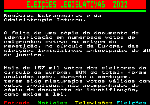 268.3. ELEIÇÕES LEGISLATIVAS 2022. Negócios Estrangeiros e da Administração Interna. A falta de uma cópia do documento de identificação em numerosos votos de emigrantes esteve na origem da repetição, no círculo da Europa, das eleições legislativas antecipadas de 30 de janeiro. Mais de 157 mil votos dos eleitores do círculo da Europa, 80% do total, foram anulados após, durante a contagem, terem sido misturados votos válidos com votos inválidos, não acompanhados de cópia do documento de identificação, como exige a lei.