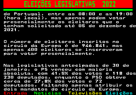 268.8. ELEIÇÕES LEGISLATIVAS 2022. de Portugal, entre as 08:00 e as 19:00 (hora local), mas apenas podem votar presencialmente os eleitores que o tenham solicitado até 05 de dezembro de 2021. O número de eleitores inscritos no círculo da Europa é de 946.841, mas apenas 400 eleitores se inscreveram para votar presencialmente. Nas legislativas antecipadas de 30 de janeiro, o PS venceu com maioria absoluta, com 41,5% dos votos e 118 dos 230 deputados, enquanto o PSD obteve cerca de 27,8% dos votos e 72 deputados, faltando apenas atribuir os dois mandatos do círculo da Europa.