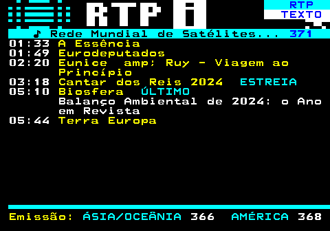 370.3. RTP. TEXTO. ♪ Rede Mundial de Satélites. 371. 01:33. A Essência. 01:49. Eurodeputados. 02:20. Eunice amp; Ruy - Viagem ao Princípio. 03:18. Cantar dos Reis 2024. ESTREIA. 05:10. Biosfera. ÚLTIMO. Balanço Ambiental de 2024: o Ano em Revista 05:44. Terra Europa Emissão:. ÁSIA OCEÂNIA. 366. AMÉRICA. 368.