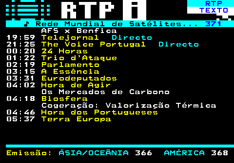 372.3. RTP. TEXTO. ♪ Rede Mundial de Satélites. 371. AFS x Benfica 19:59. Telejornal. Directo. 21:25. The Voice Portugal. Directo. 00:20. 24 Horas. 01:22. Trio d Ataque. 02:19. Parlamento. 03:15. A Essência. 03:31. Eurodeputados. 04:02. Hora de Agir. Os Mercados de Carbono 04:18. Biosfera. Cogeração: Valorização Térmica 04:46. Hora dos Portugueses. 05:37. Terra Europa Emissão:. ÁSIA OCEÂNIA. 366. AMÉRICA. 368.