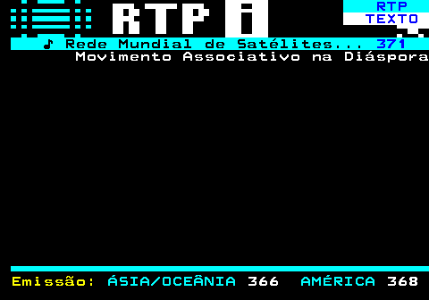 373.3. RTP. TEXTO. ♪ Rede Mundial de Satélites. 371. Movimento Associativo na Diáspora. Emissão:. ÁSIA OCEÂNIA. 366. AMÉRICA. 368.