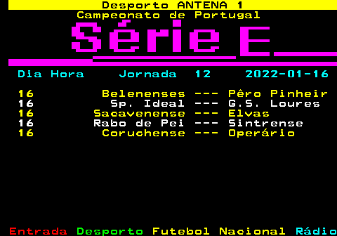 432.1. Desporto ANTENA 1. Campeonato de Portugal. Dia Hora Jornada 12 2022-01-16. 16 Belenenses --- Pêro Pinheir. 16 Sp. Ideal --- G.S. Loures. 16 Sacavenense --- Elvas. 16 Rabo de Pei --- Sintrense. 16 Coruchense --- Operário.