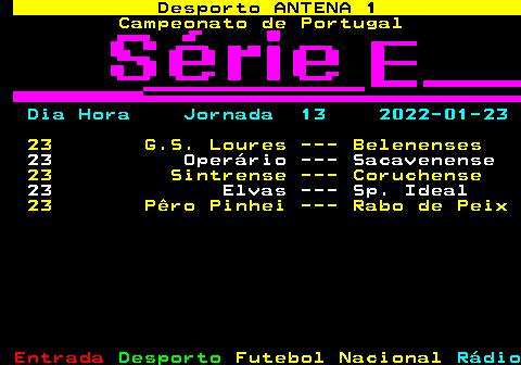 433.1. Desporto ANTENA 1. Campeonato de Portugal. Dia Hora Jornada 13 2022-01-23. 23 G.S. Loures --- Belenenses. 23 Operário --- Sacavenense. 23 Sintrense --- Coruchense. 23 Elvas --- Sp. Ideal. 23 Pêro Pinhei --- Rabo de Peix.