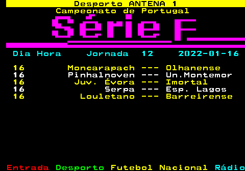 435.1. Desporto ANTENA 1. Campeonato de Portugal. Dia Hora Jornada 12 2022-01-16. 16 Moncarapach --- Olhanense. 16 Pinhalnoven --- Un.Montemor. 16 Juv. Évora --- Imortal. 16 Serpa --- Esp. Lagos. 16 Louletano --- Barreirense.