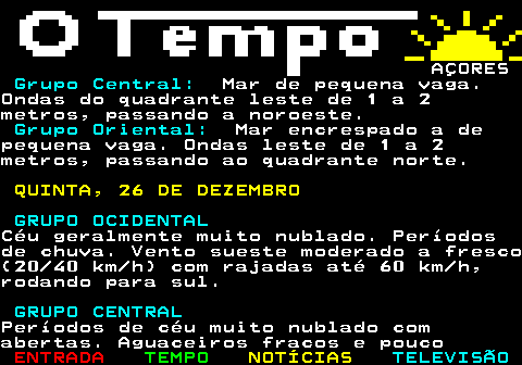 580.7. AÇORES. GRUPO CENTRAL.Períodos de céu muito nublado comabertas.Vento sueste bonançoso a moderado (10 30km h). GRUPO ORIENTAL.Períodos de céu muito nublado comabertas.Aguaceiros fracos e pouco frequentes.Vento leste bonançoso a moderado (10 30km h). ESTADO DO MAR Grupo Ocidental:.Mar cavado.Ondas sul de 2 a 3 metros. Grupo Central:.