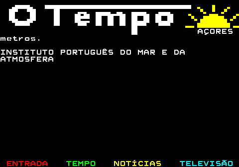 580.9. AÇORESVento sueste bonançoso a moderado (10 30km h). GRUPO ORIENTAL.Períodos de céu muito nublado comabertas.Aguaceiros fracos e pouco frequentes.Vento leste bonançoso a moderado (10 30km h). ESTADO DO MAR.Grupo Ocidental:Mar cavado.Ondas sul de 2 a 3 metros. Grupo Central:Mar de pequena vaga.Ondas do quadrante leste de 1 a 2metros.